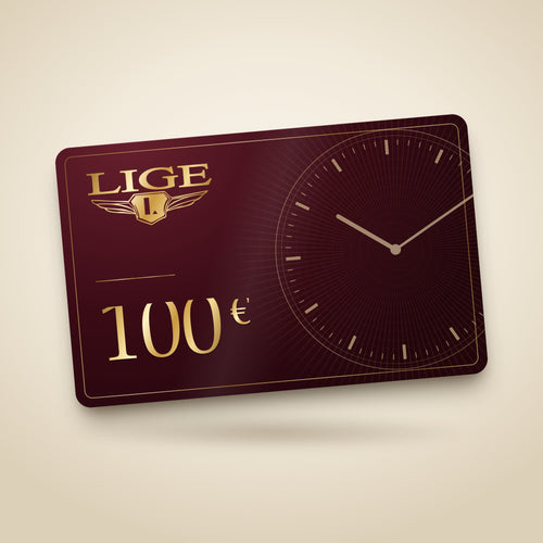 Cartão de oferta LIGE de 100 € bordeaux, com logótipo dourado e mostrador de relógio em marca de água
