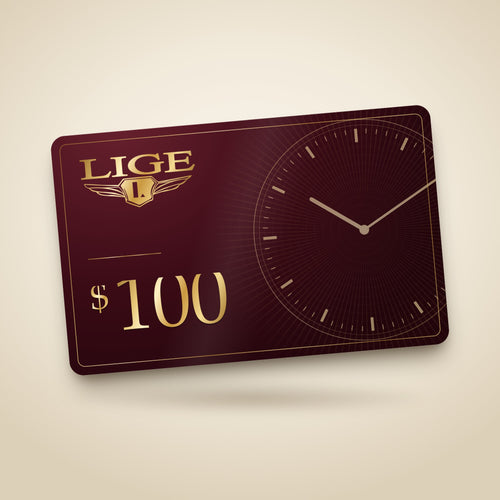 Cartão de oferta LIGE de 100 $ bordeaux, com logótipo dourado e mostrador de relógio em marca de água