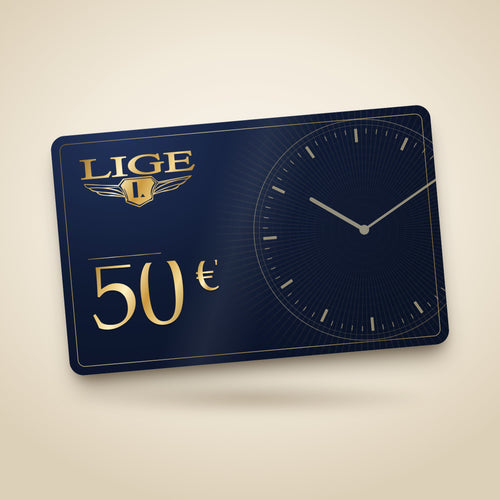 Cartão de oferta LIGE de 50 € azul-noite, com logótipo dourado e mostrador de relógio em marca de água