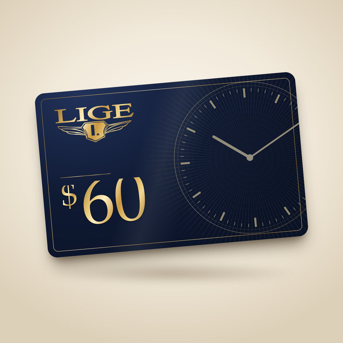 Carta regalo LIGE da 60 $ blu notte, con logo dorato e quadrante di orologio in filigrana