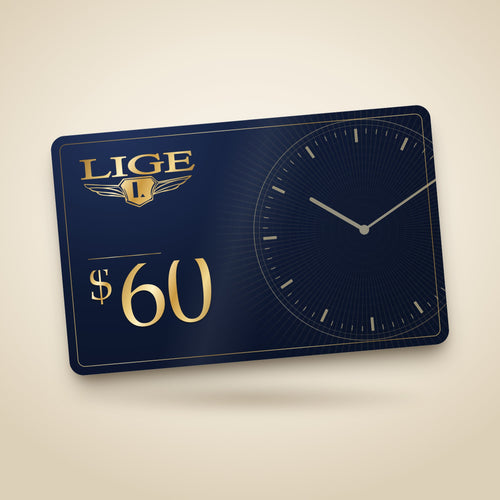LIGE ギフトカード 60ドル（ミッドナイトブルー）、ゴールドのロゴと腕時計の文字盤の透かし模様