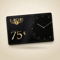Cartão de oferta LIGE de 75 € preto, com logótipo dourado e mostrador de relógio em marca de água