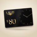Tarjeta regalo LIGE de 80 $ negra, con logotipo dorado y esfera de reloj en filigrana
